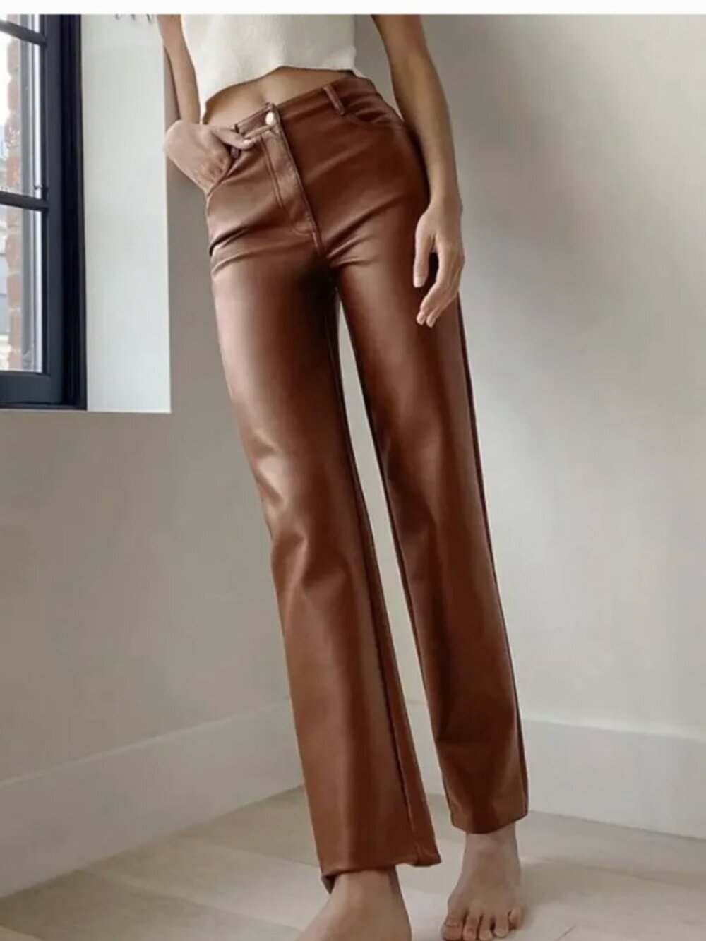 Wilfred Melina Pants High Rise Vegan Leather Stretch Straight Leg Brown New 6
